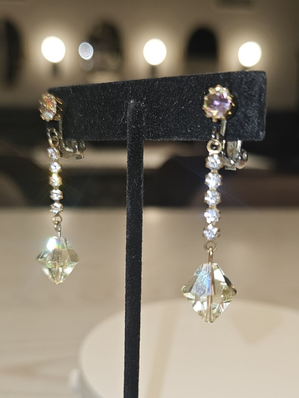 Vintage Yellow AB Crystal Rhinestone Dangle Clip On Earrings